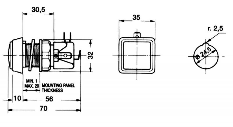 Leuchttaster quadratisch 35x35 mm