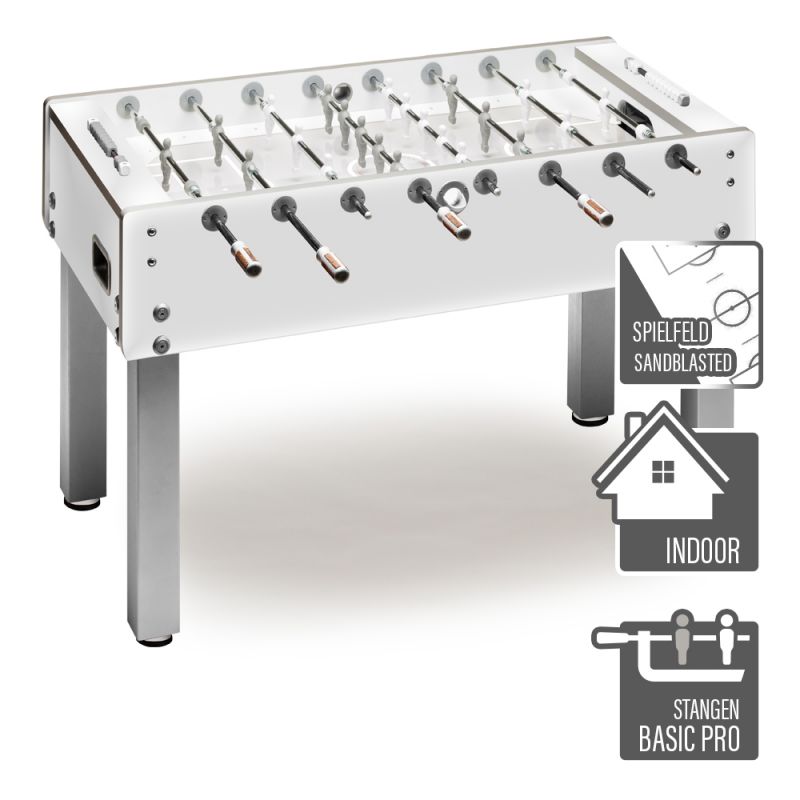 Fussballtisch Garlando G500 pure white sandgestrahlte Glasspielfläche