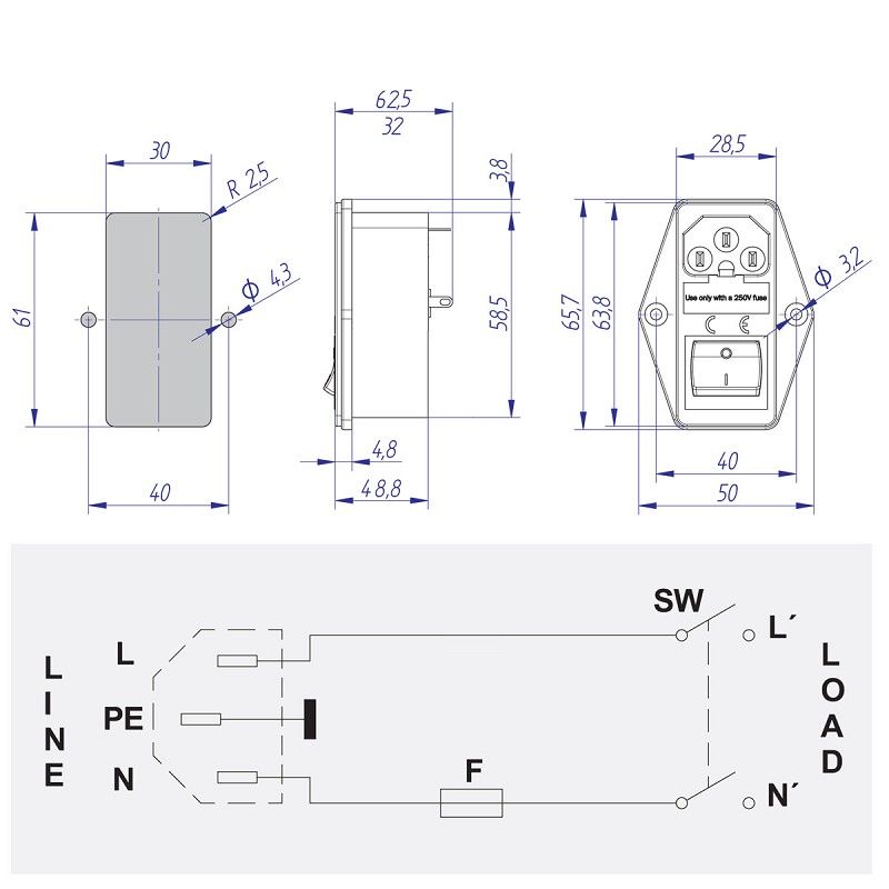 Netzfilter 6 Amp mit Sicherungshalter und Netzschalter