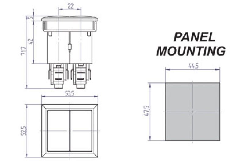 Double Push Buttons square 52,5x52,5 mm low profile